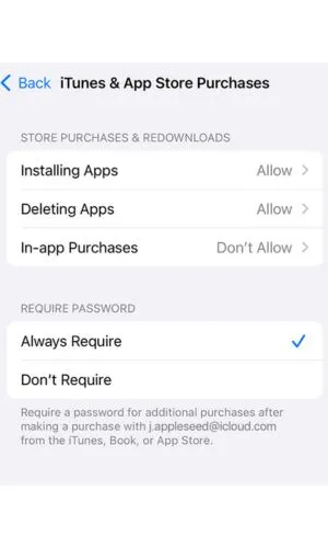 Managing iPhone app purchases by selecting disable in app purchase
