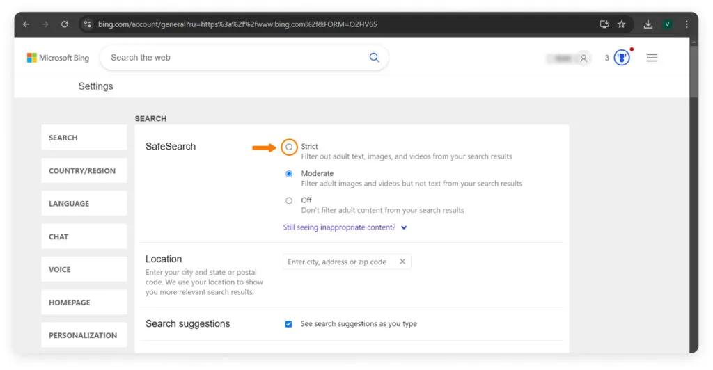 Child safe browsing setup using safesearch