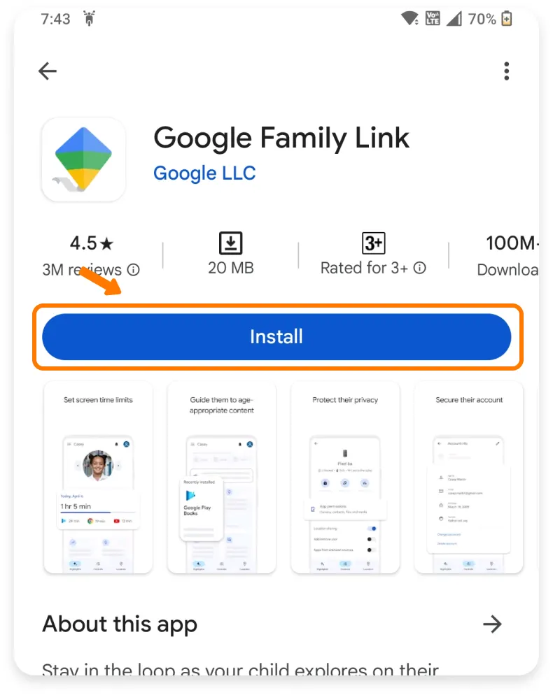 Child safe browsing setup using google family link