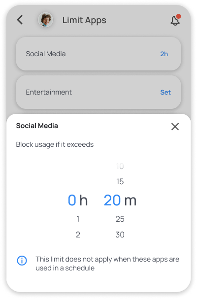 Limit Apps screen showing social media time limits