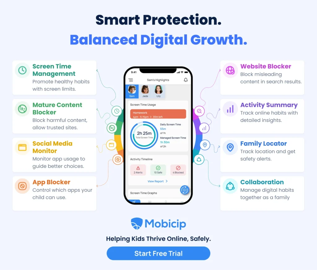 Mobicip app features including screen time, web filtering, and activity reports